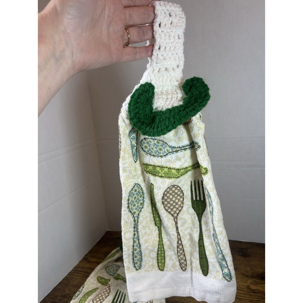 Set Of 2 Hanging Kitchen Towels Crochet Top Spoon Fork Farmhouse Decor Rustic - Picture 14 of 15